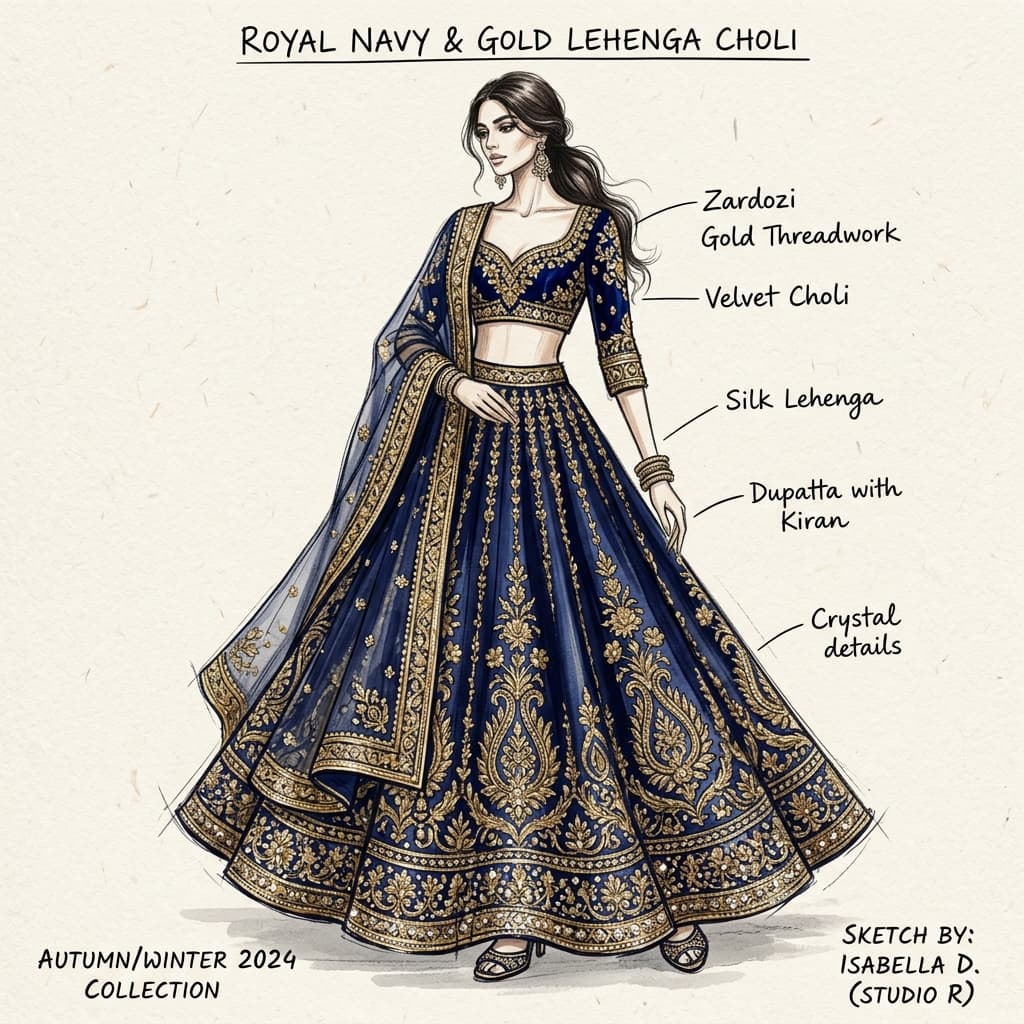 Royal Navy & Gold Lehenga - Custom Dress Design Sketch on Vastrik Store